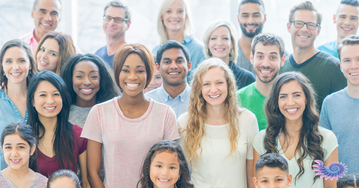 Group of diverse parents and family members gathered together in a group, haloed in a healing white light