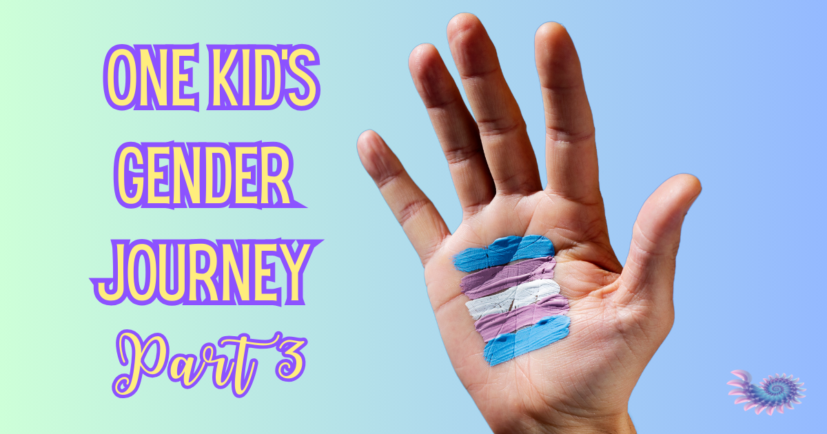 Child's hand painted with colors from the trans flag with an ombre background