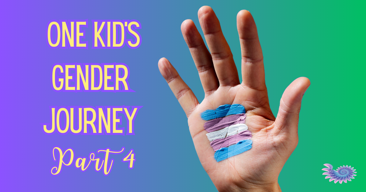 Child's hand painted with colors from the trans flag with an ombre background