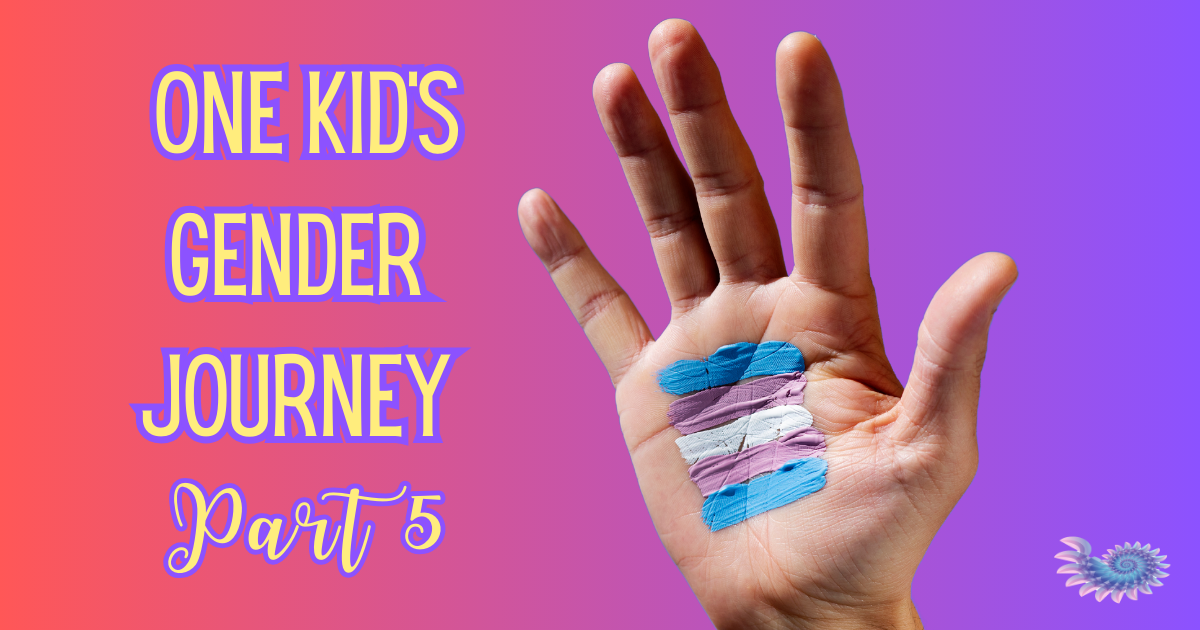 Child's hand painted with colors from the trans flag with an ombre background