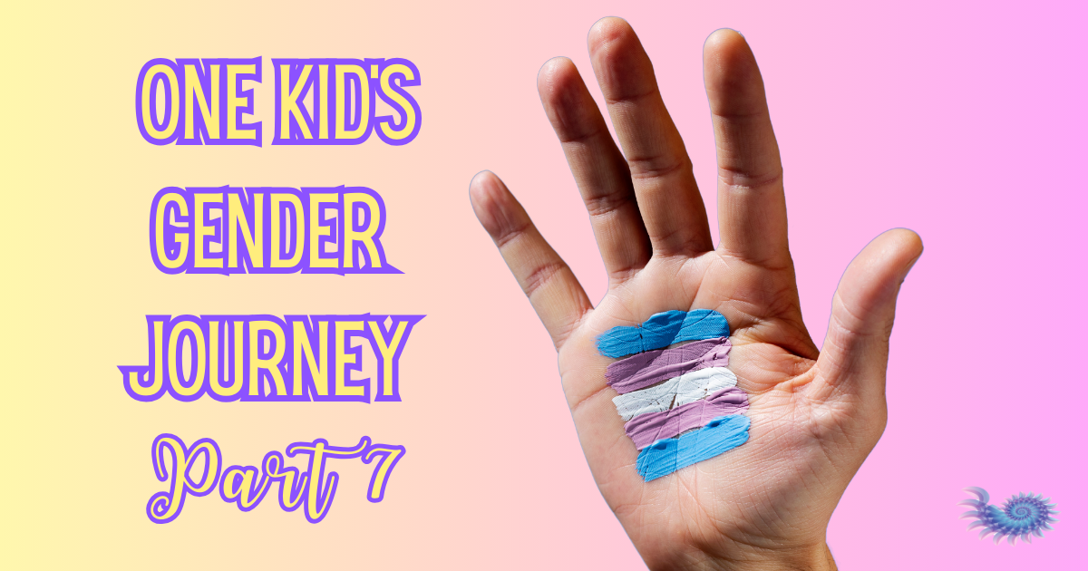 Child's hand painted with colors from the trans flag with an ombre background