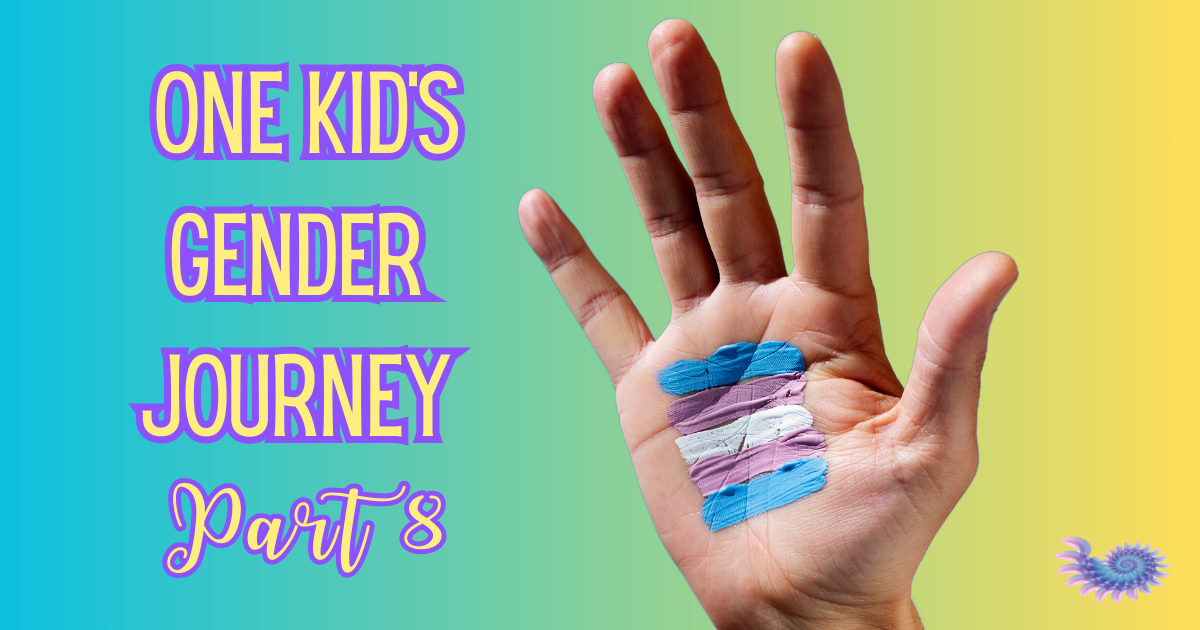 Child's hand painted with colors from the trans flag with an ombre background