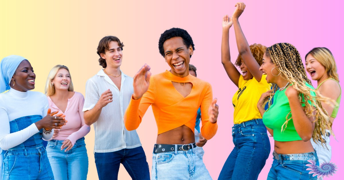 Happy group of people dancing and laughing and celebrating transgender awareness month