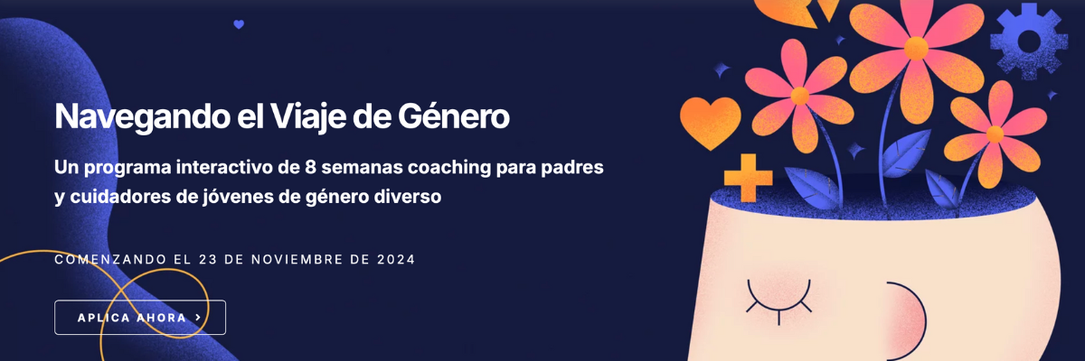 Header image from Navegando el Viaje de Género enrollment page featuring a cartoon head overflowing with orange daisies