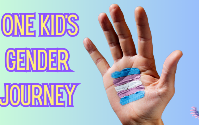 Child's hand painted with colors from the trans flag with an ombre background