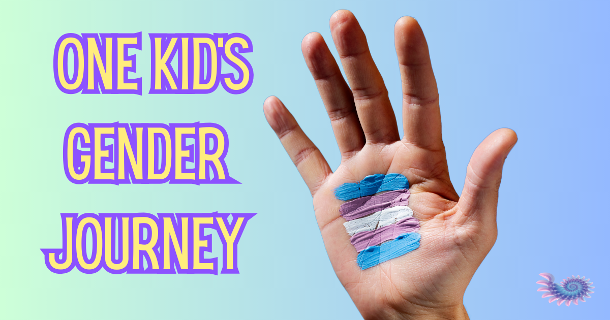 Child's hand painted with colors from the trans flag with an ombre background