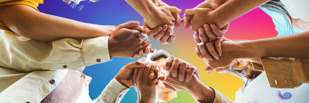 Group hand holding with an optimistic rainbow background as solidarity against the encroaching Trump regime